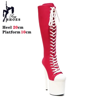 20cm Roz Femei Platformă Partea de Portocal Papuceii Panza Dantela Sus Stiletto Ultra Toc Înalt Cizme Jumătatea Vițel Pantofi de Femeie Stil Gotic