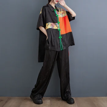 2023 Chineză Stil De Moda De Haine Pentru Femei Seturi De Mozaic Libere Bluze Camasi Pantaloni Largi Picior 2 Bucata Set Costume Casual De Vara