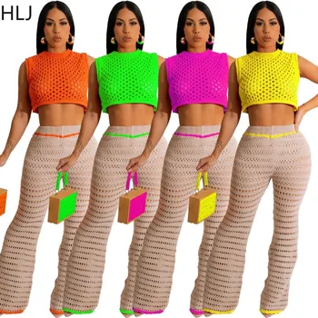HLJ Moda Hollow Out Tricotate Două Seturi de Piese pentru Femei Rotund fără Mâneci Gât Culturilor Sus Și Pantaloni Tinuta Casual Solid 2 buc Streetwear
