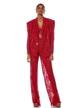 Sexy Cu Maneci Lungi Costum Din Trei Piese Set Femei Rose Red Lace Jacket+Sutien+Pantaloni 3 Piese De Costume Elegante, Paltoane, Costume Petrecere De Seara