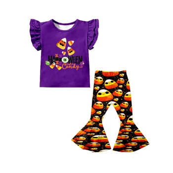 Halloween Drăguț pentru Băieți și Fete Haine Candy Print cu Maneci Scurte Evazate Pantaloni 2 buc pentru Fete Costum Copil Copil Îmbrăcăminte