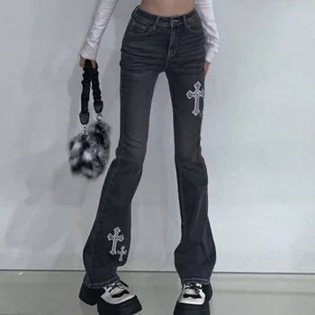 Harajuku Gotic Talie Mare Chic Denim Pantaloni Femei Streetwear Y2k Cruce Broderie Slim Pantaloni Flare De Sex Feminin De Epocă Blugi Pantaloni
