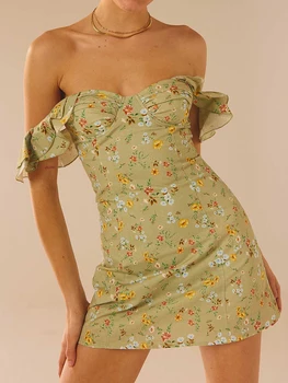 Femeile s de Pe Umăr Rochie Mini Casual rochie fără Mâneci Florale Imprimare Zburli Asieta Slim Fit Dress Clubwear
