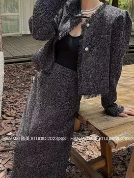 Femei Toamna și Iarna Costum Fusta Set coreea Style Solid de Culoare cu mâneci Lungi Strat Gros Rochie de lungime medie, Talie Inalta Fusta Slim