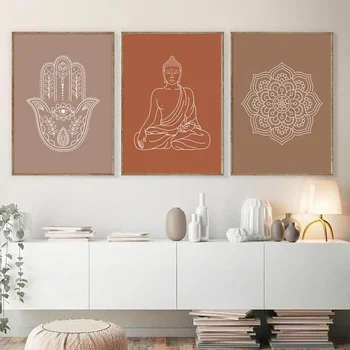 Mandala Buddha Poster Lotus Culori Neutre Boho Wall Art Print Panza Pictura Tablou Zen Yoga Living Home Decor Interior