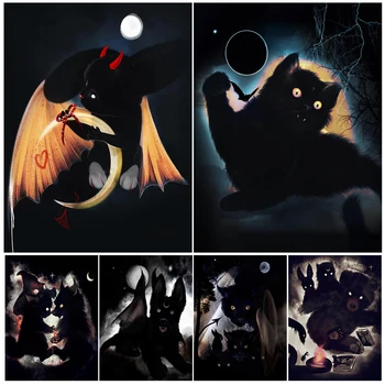 Demonic Pisica,A Pierdut Urs,Înfricoșător Iepure Abstract, Arta De Perete Panza Pictura Misterios Vrăjitorie Creatură Arta Poster Print Decor Acasă
