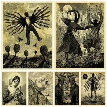 Dans Cu Demoni Și Os Aripi Domn Vintage De Perete De Arta Canvas Tablou Suprarealist Fantezie Demoni Retro Poster De Artă Și De Imprimare Decor